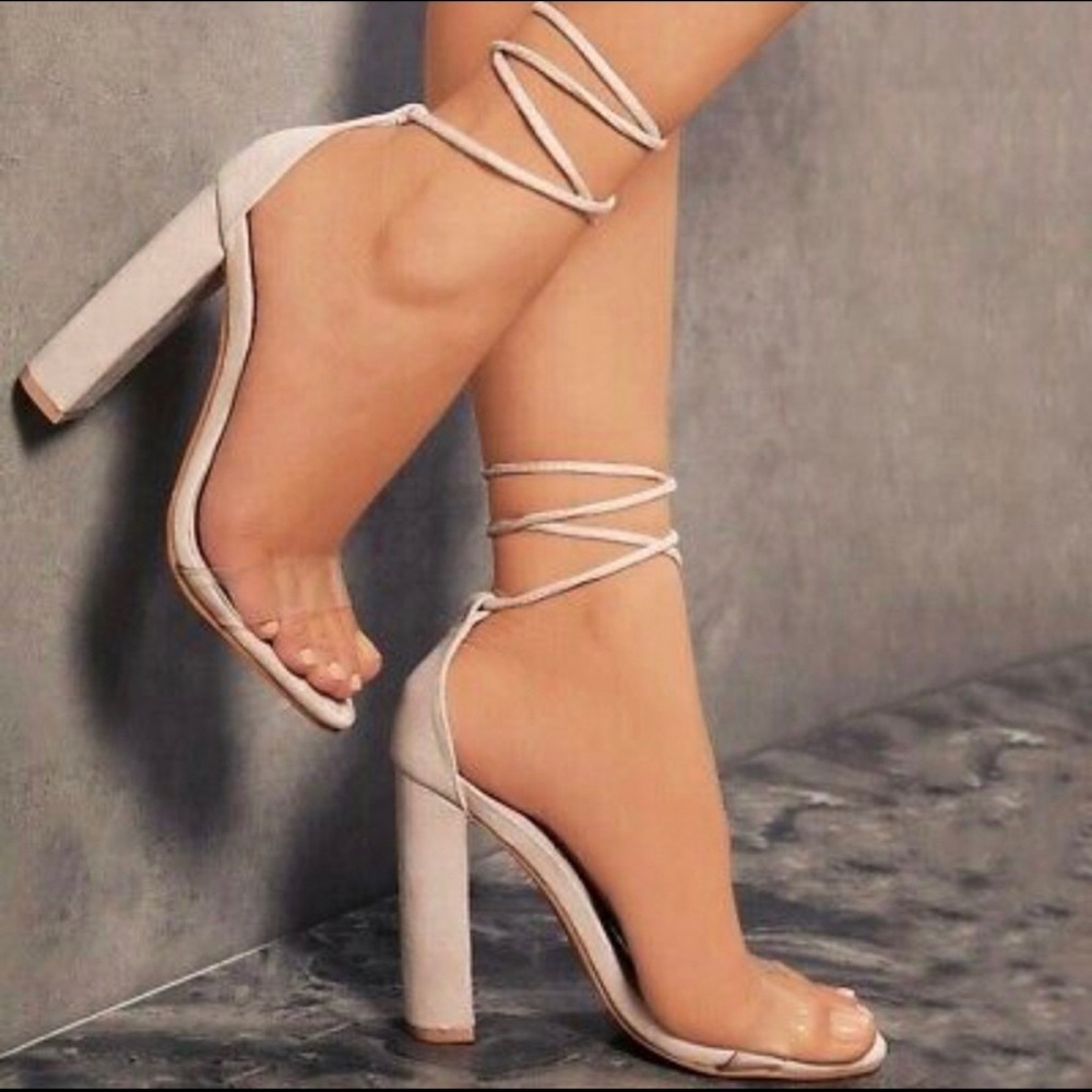 Soft baby pink laced up chunky high heels